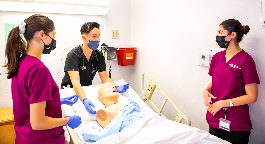 Two ASU Online nursing students watch as a nurse teaches them a method on a dummy.