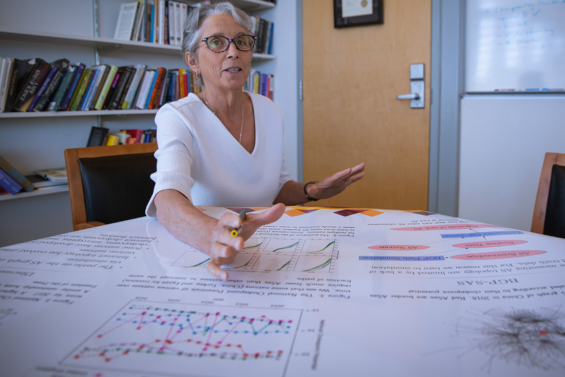 Cybersecurity Professor Stephanie Forrest explains the importance of cyber defense over a large diagram on a table.